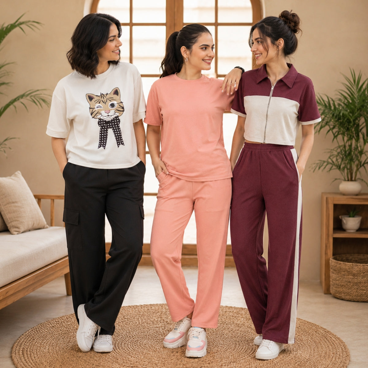 Pack of 3 Women Cotton T-Shirt Trouser Set (T-6)