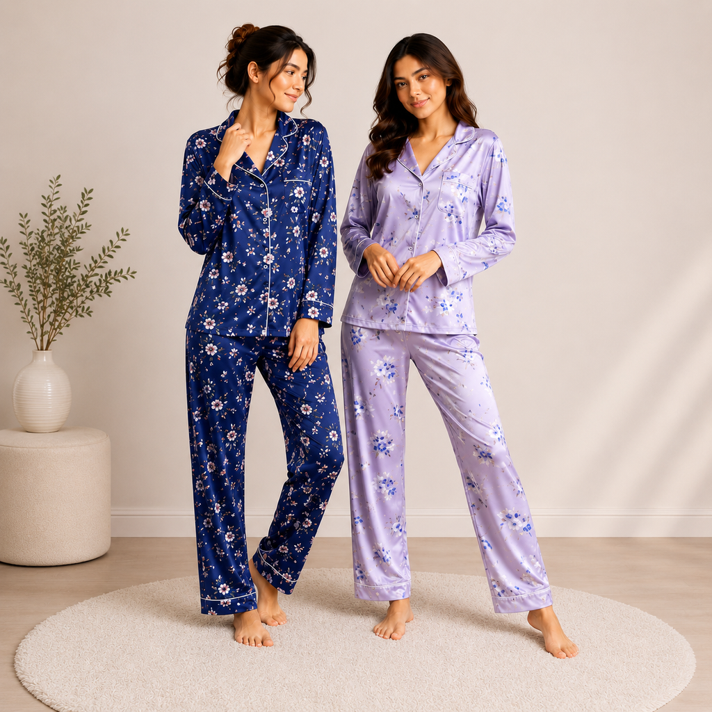 Women?s Satin Floral Night Suit | Pack of 2 | Sleepwear Co-Ord Set
