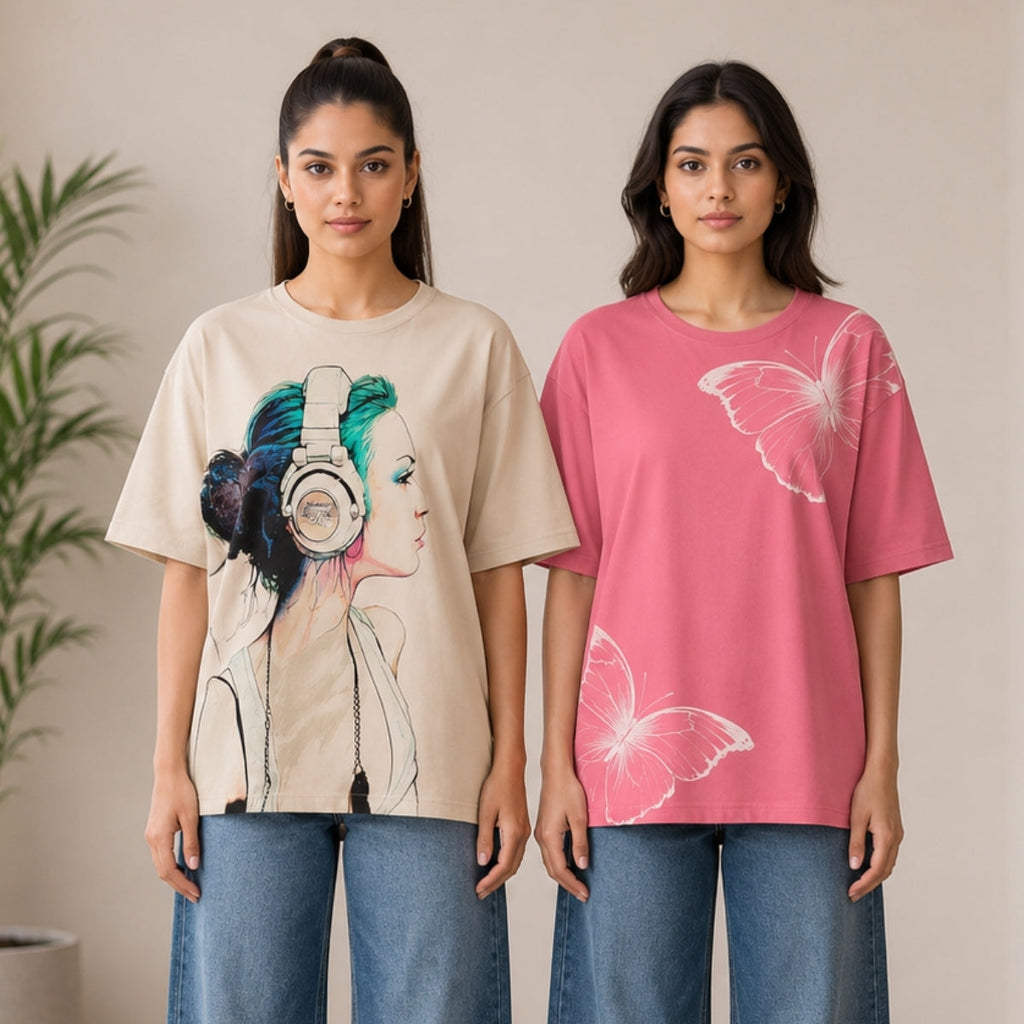 Pack of 2 Casual T-Shirts | Oversized Printed T-Shirt Combo Pack | TT-012