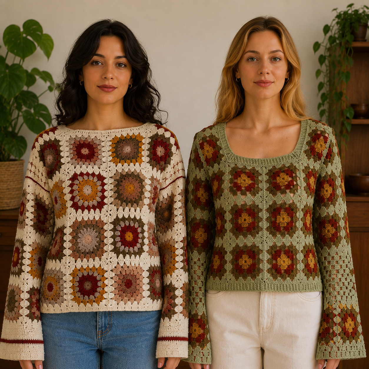 Women?s Crochet Knit Sweaters | Pack of 2 | Full Sleeve Casual Handmade Pattern Tops