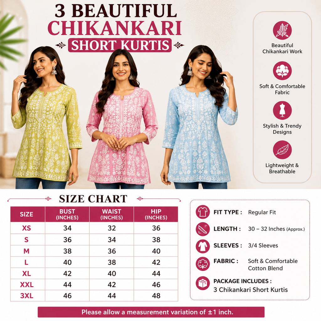3 Chikankari Embroidery Short Kurtis | CSK-10