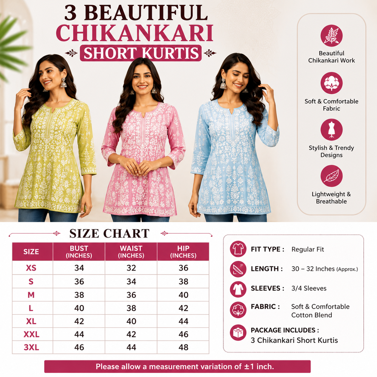 3 Chikankari Short Kurtis | CSK-03