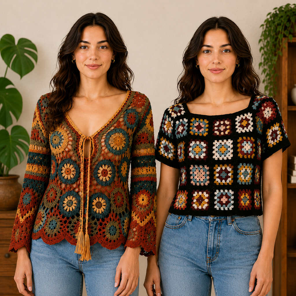 Women?s Crochet Knit Tops | Pack of 2 | Casual Patchwork Pattern Summer Wear