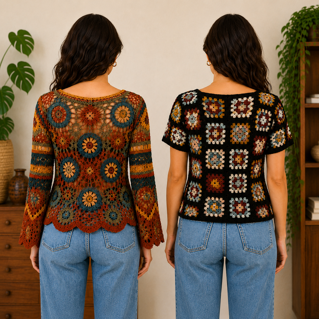 Women?s Crochet Knit Tops | Pack of 2 | Casual Patchwork Pattern Summer Wear