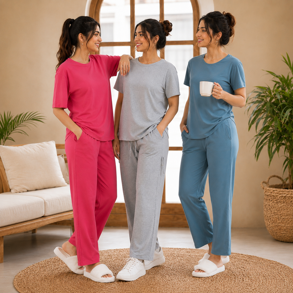 Pack of 3 Women Cotton T-Shirt Trouser Set (T-3)