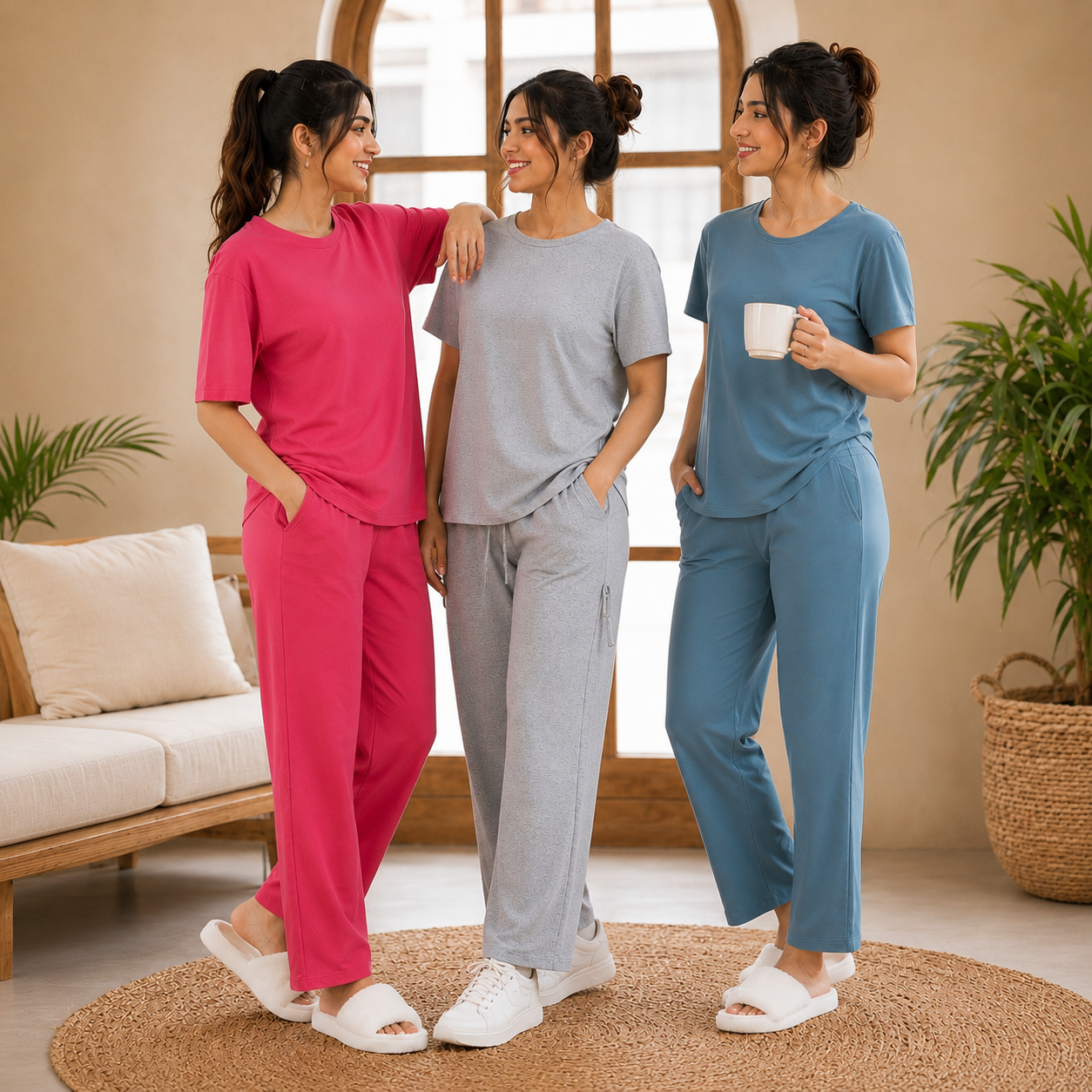 Pack of 3 Women Cotton T-Shirt Trouser Set (T-3)