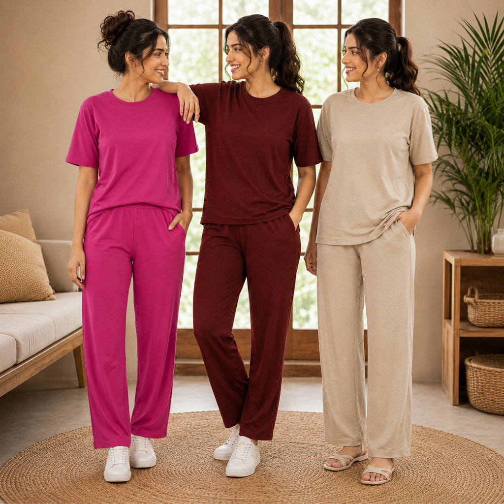 Pack of 3 Women Cotton T-Shirt Trouser Set (T-10)
