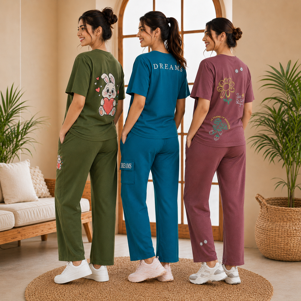 Pack of 3 Women Cotton T-Shirt Trouser Set (T-8)