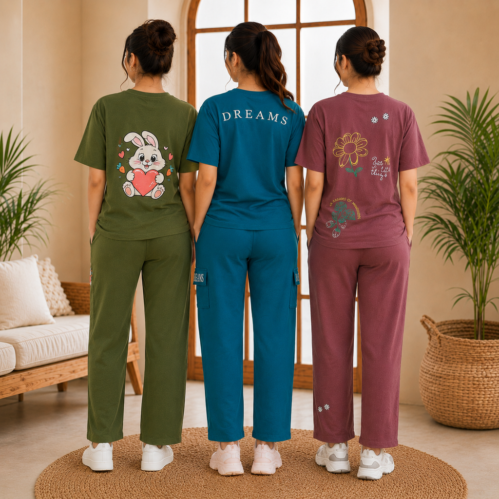 Pack of 3 Women Cotton T-Shirt Trouser Set (T-8)