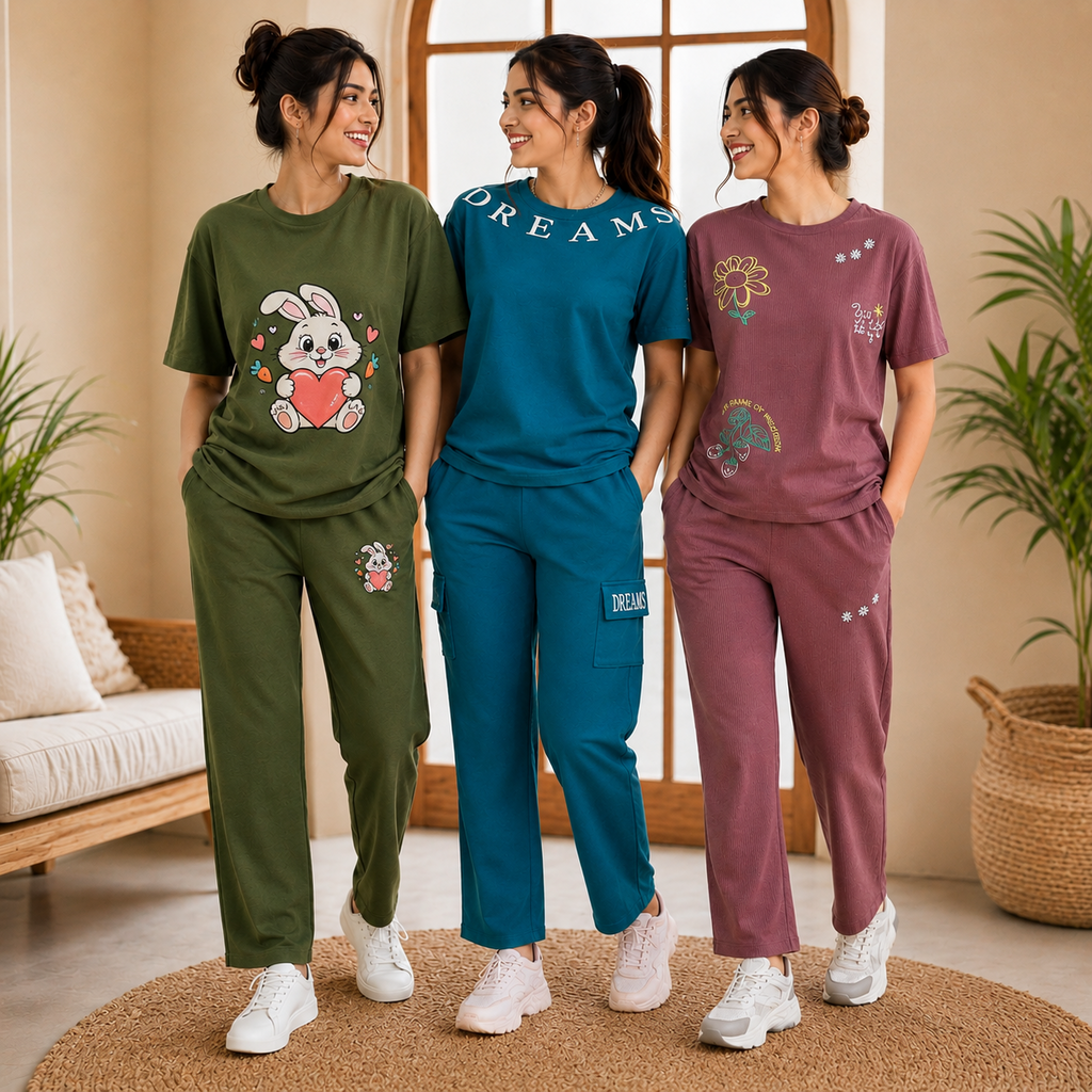 Pack of 3 Women Cotton T-Shirt Trouser Set (T-8)
